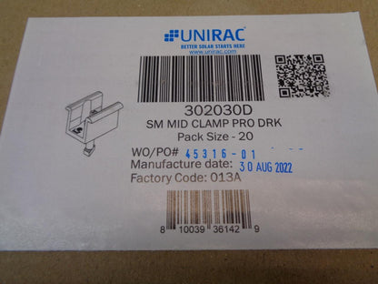 BOX OF 20 UNIRAC SM MID CLAMP PRO DARK SOLAR PANEL CLAMPS 302030D SR