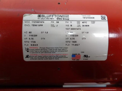 BLUFFTON MOTOR WORKS FUEL TRANSFER PUMP 1121007474 115V 60HZ 1 PHASE I1