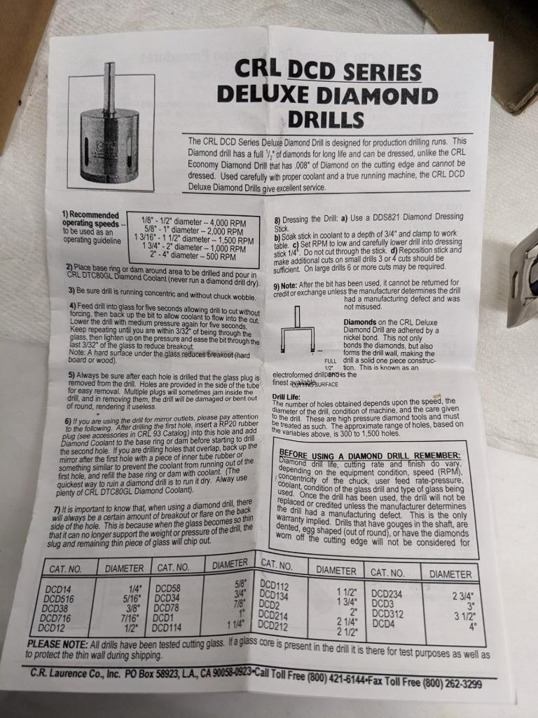 CRL HBT2 331747/022 2" BELGIAN THREAD ELECTRO-FORMED DIAMOND DRILL NEW D0