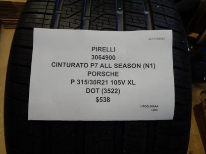 2 PIRELLI CINTURATO P7 A/S (N1) PORSCHE P 315 30 21 105V XL TIRES 3064900 CQ2