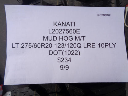 KANATI MUD HOG MT LT 275 60 20 123/120Q LRE 10PLY TIRE L2027560E CQ2