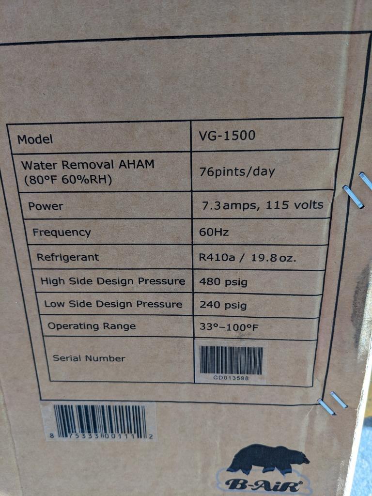 B-AIR VG1500 VANTAGE DEHUMIDIFIER RED 7.3 AMPS 76 PPD AHAM 150 PPD SAT NEW B2