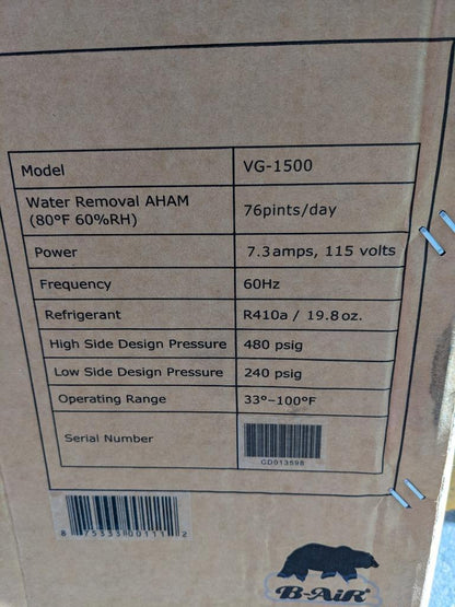 B-AIR VG1500 VANTAGE DEHUMIDIFIER RED 7.3 AMPS 76 PPD AHAM 150 PPD SAT NEW B2