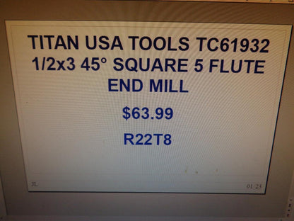 TITAN USA TOOLS TC61932 1/2x3 45° SQUARE 5 FLUTE END MILL R22T8