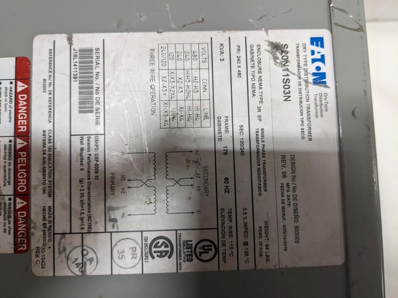 Eaton Cutler Hammer S20N11S03N  Phase 1 3000VA Class H Transformer NEW BSRG2