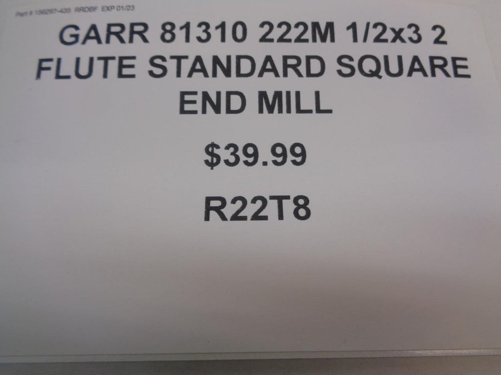 GARR 81310 222M 1/2x3 2 FLUTE STANDARD SQUARE END MILL R22T8
