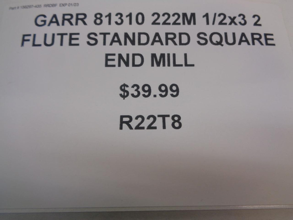 GARR 81310 222M 1/2x3 2 FLUTE STANDARD SQUARE END MILL R22T8