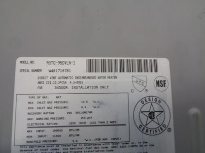 NEW RUUD BY RHEEM DIRECT VENT AUTO. INSTANT WATER HEATER RUTG-95DVLN-1 BSR