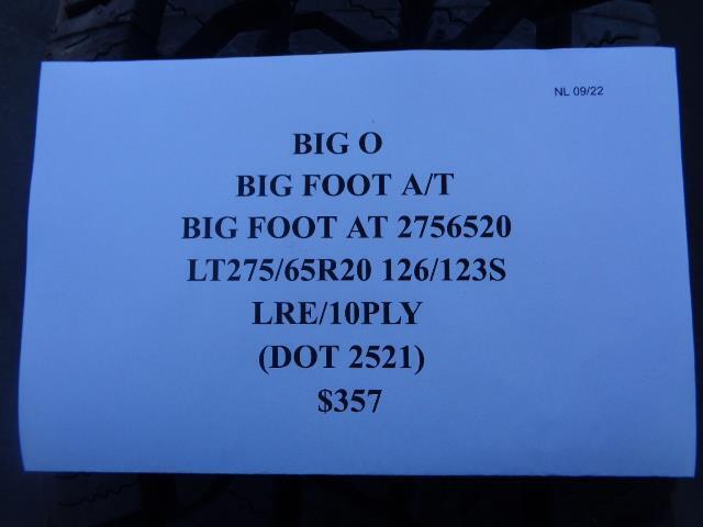 1 NEW BIG O TIRES BIG FOOT A/T 275 65 20 126/123S LRE TIRE 2756520 SU16