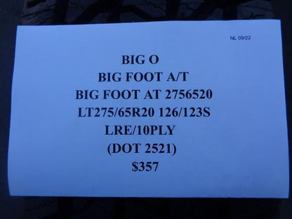 1 NEW BIG O TIRES BIG FOOT A/T 275 65 20 126/123S LRE TIRE 2756520 SU16