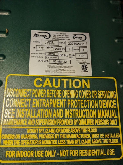 MANERA OPERA-H 1/2HP 240V 1PH GARAGE OPERATOR W ELECTRONIC CIRCUIT OPH6212 B2