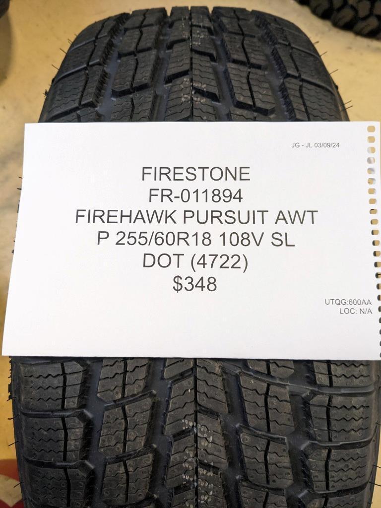 FIRESTONE FIREHAWK PURSUIT AWT  P 255 60 18 108V SL TIRE 011894 CQ1