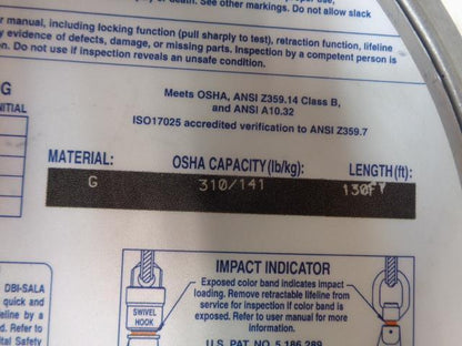 3M DBI-SALA SELF RETRACTING LIFELINE 130 FT LENGTH 310 LBS CAPACITY 3401002 H1