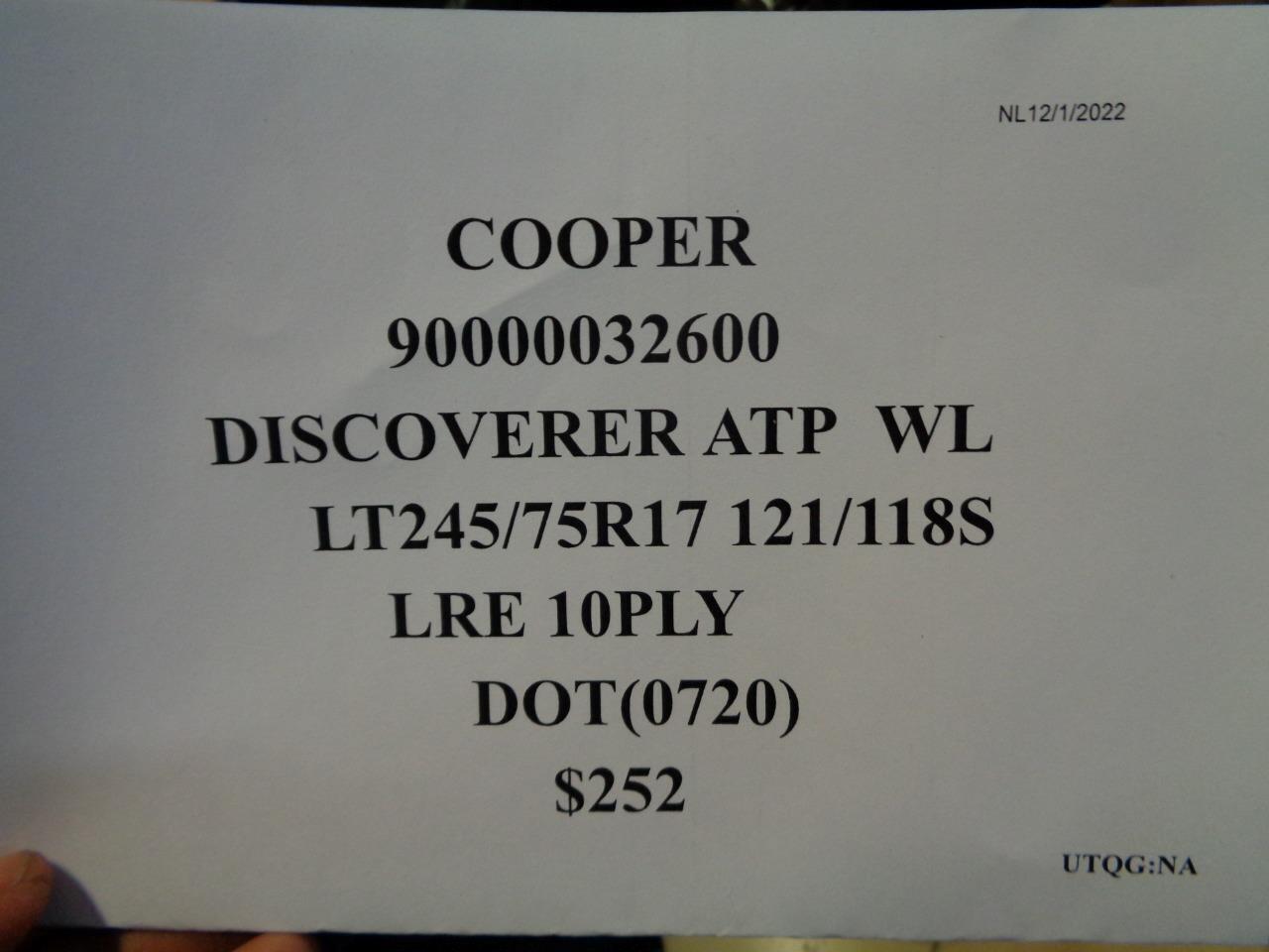 1 COOPER DISCOVERER ATP WL LT 245 75 17 121/118S LRE 10PLY TIRE 90000032600