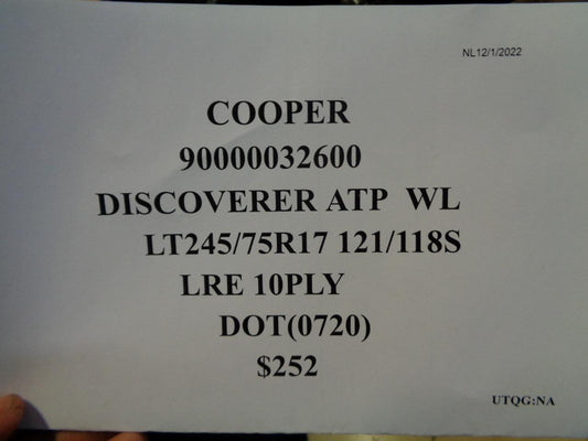 1 COOPER DISCOVERER ATP WL LT 245 75 17 121/118S LRE 10PLY TIRE 90000032600