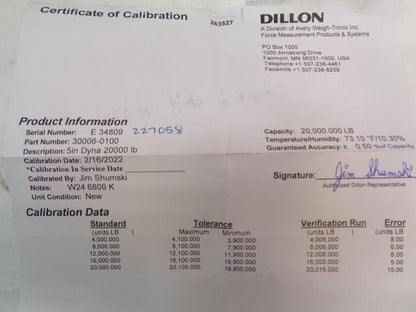 DILLON 30006-0100 AP SERIES 5" MECHANICAL DYNAMOMETER 20,000 LBS CAP NEW R29