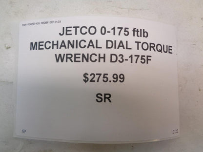 NEW JETCO 0-175 ftlb MECHANICAL DIAL TORQUE WRENCH D3-175F SR