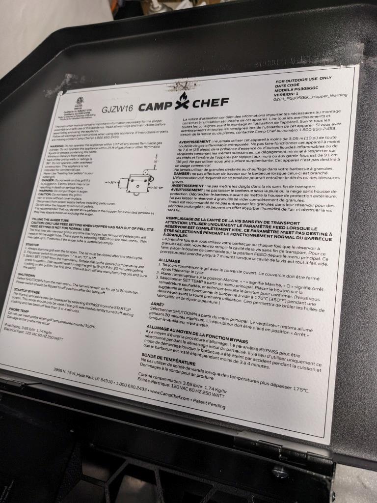 CAMP CHEF PG30SGGC WIFI HOPPER AND ACCESSORIES/PARTS WITHOUT SG 30 GRILL NEW B2