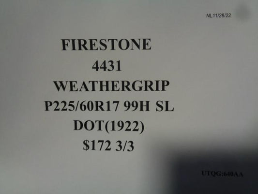 1 FIRESTONE WEATRHERGRIP P 225 60 17 99H SL TIRE 4431