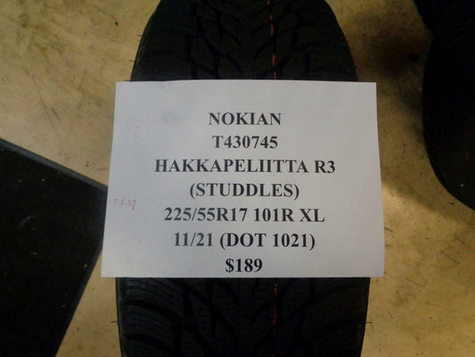 1 NEW NOKIAN HAKKAPELIITTA R3  225 55 17 101R XL TIRE T430745