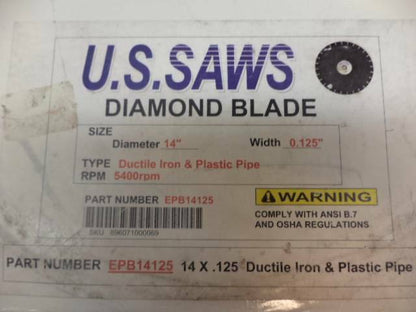 NEW US SAWS DIAMOND BLADE 14" DUCTILE IRON & PLASTIC PIPE EPB14125 SP2T2