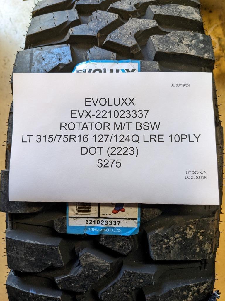 EVOLUXX  ROTATOR M/T BSW LT 315 75 16 127/124Q LRE 10PLY TIRE 221023337 CQ2