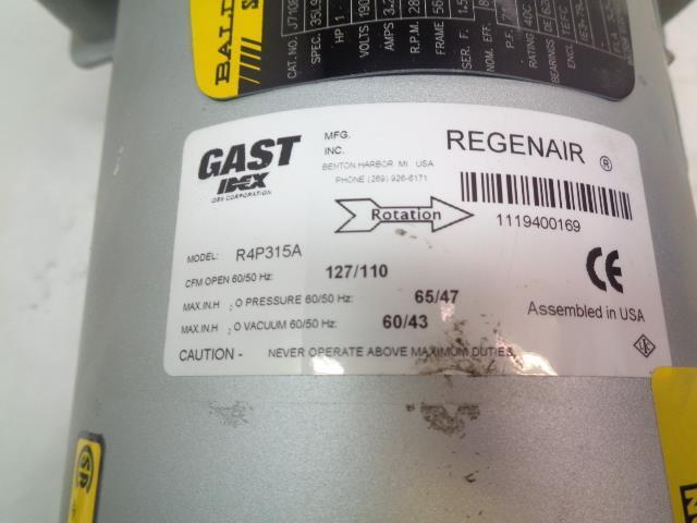 GAST R4P315A REGENERATIVE BLOWER WITH BALDOR J710E INDUSTRIAL MOTOR NEW J1