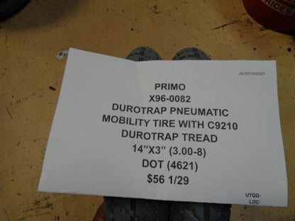 2 PRIMO DUROTRAP PNEUMATIC MOBILITY TIRES C9210 TREAD 14X3 (3.00-8) X96-0082 R7