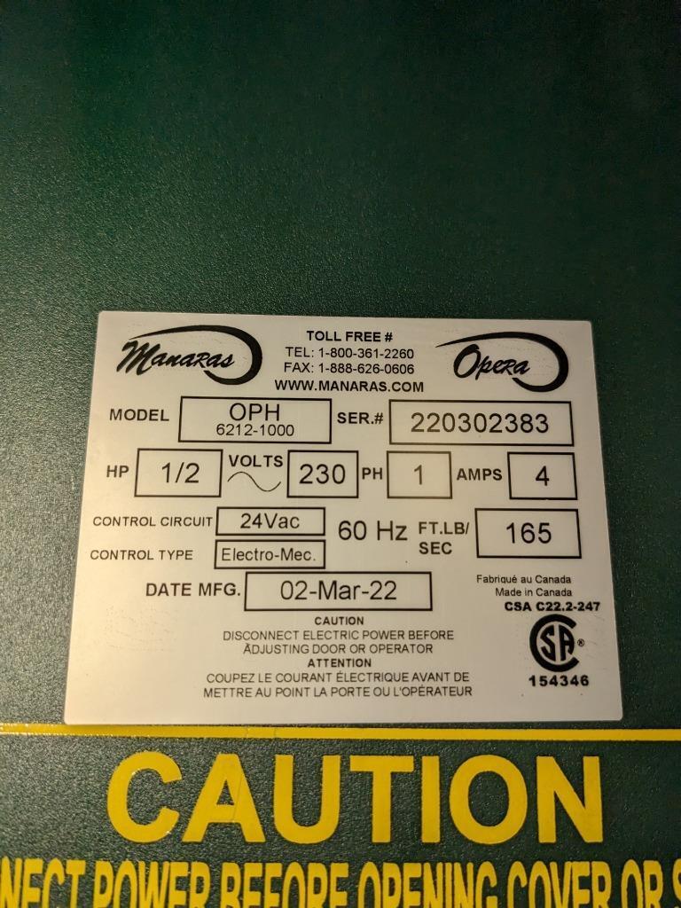 MANERA OPERA-H 1/2HP 240V 1PH GARAGE OPERATOR W ELECTRONIC CIRCUIT OPH6212 B2