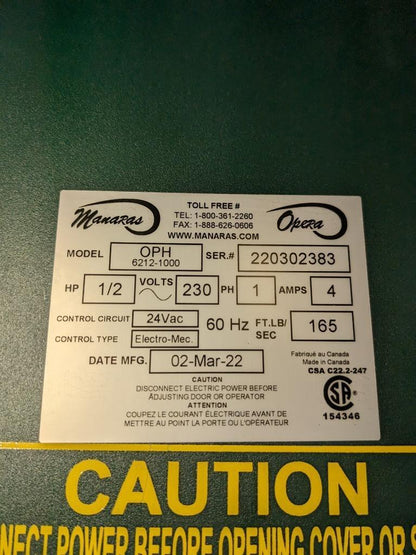 MANERA OPERA-H 1/2HP 240V 1PH GARAGE OPERATOR W ELECTRONIC CIRCUIT OPH6212 B2