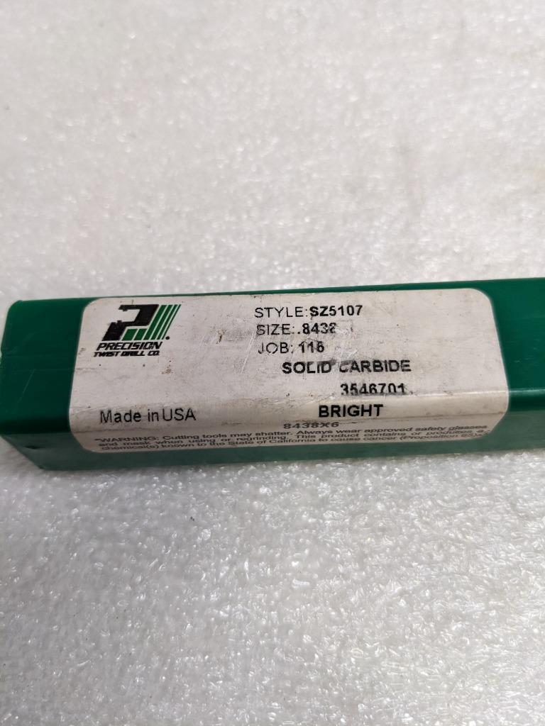 PRECISION TWIST DRILL 3546701 SOLID CARBIDE 0.8438" DIA 6" OAL 8FL STR NEW R22T5