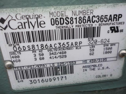REMAN CARLYLE 06D RECIPROCATING COMPRESSOR 400/460V 3PH 6.5HP 06DS8186AC365ARP