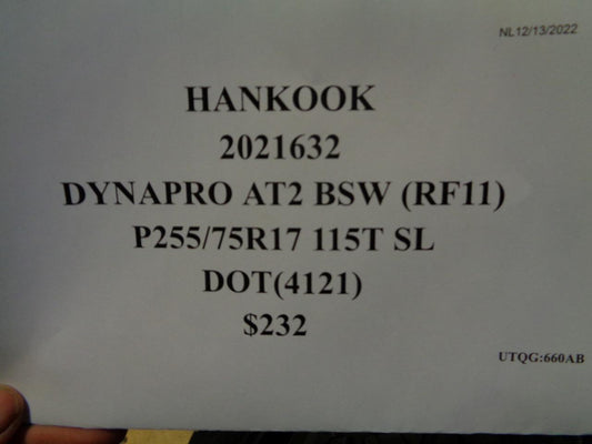 1 HANKOOK DYNAPRO AT2 BSW (RF11) P 255 75 17 115T SL TIRE 1021538