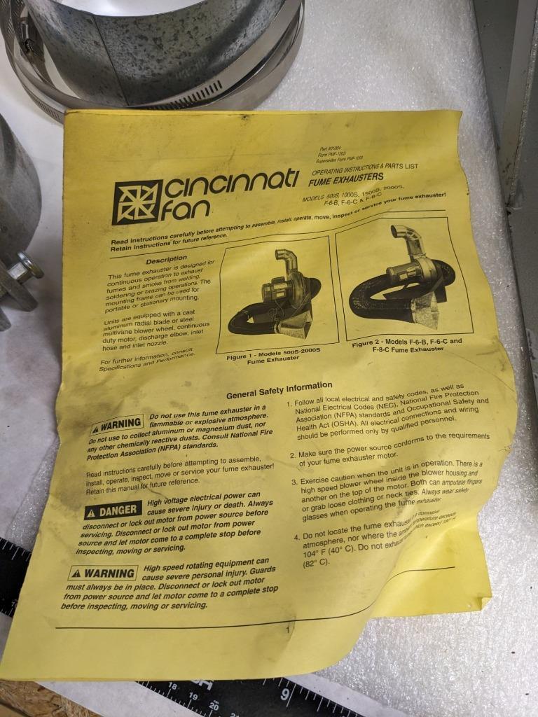 CINCINNATI FAN F-6-C/T1 FUME EXHAUSTER 1-1/2HP 3450RPM CAST ALUM 115V NEW B2
