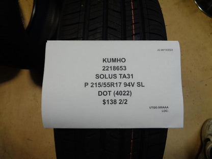 4 KUMHO SOLUS TA31 P 215 55 17 94V SL ALL SEASON TIRE 2218653 BQ4