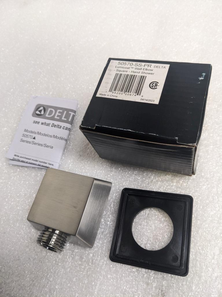 DELTA SQUARE WALL SUPPLY ELBOW HAND SHOWER-HOSE 50570 LUMICOAT STAINLESS NEW R28