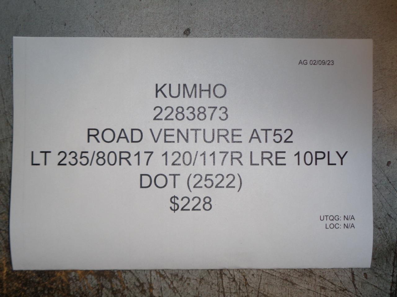 1 KUMHO ROAD VENTURE AT52 LT 235 80 17 120/117R LRE 10PLY TIRE 2283873 BQ1