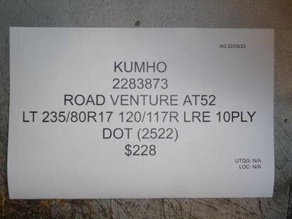 1 KUMHO ROAD VENTURE AT52 LT 235 80 17 120/117R LRE 10PLY TIRE 2283873 BQ1
