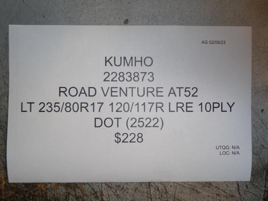 1 KUMHO ROAD VENTURE AT52 LT 235 80 17 120/117R LRE 10PLY TIRE 2283873 BQ1