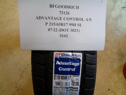 2 NEW TIRE BFGOODRICH ADVANTAGE CONTROL AS P 215 65 17 99H SL TIRES 73126 BQ1