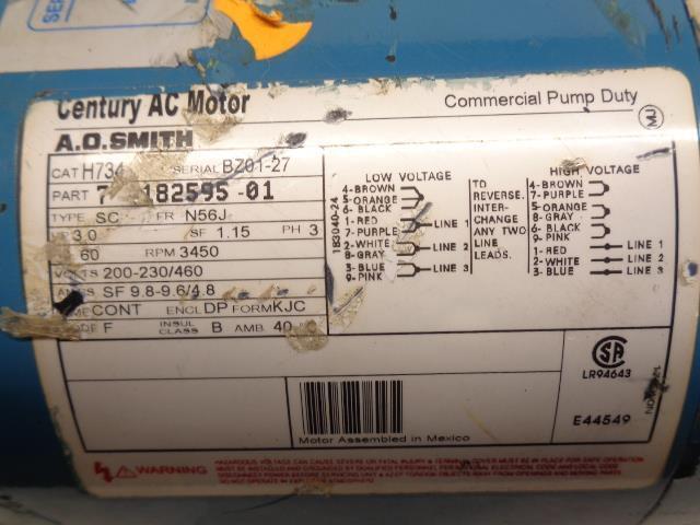SULZER COMMERCIAL PUMP DUTY W/ CENTURY AC MOTOR 3HP 3PH 60HZ 7-18259501 I1