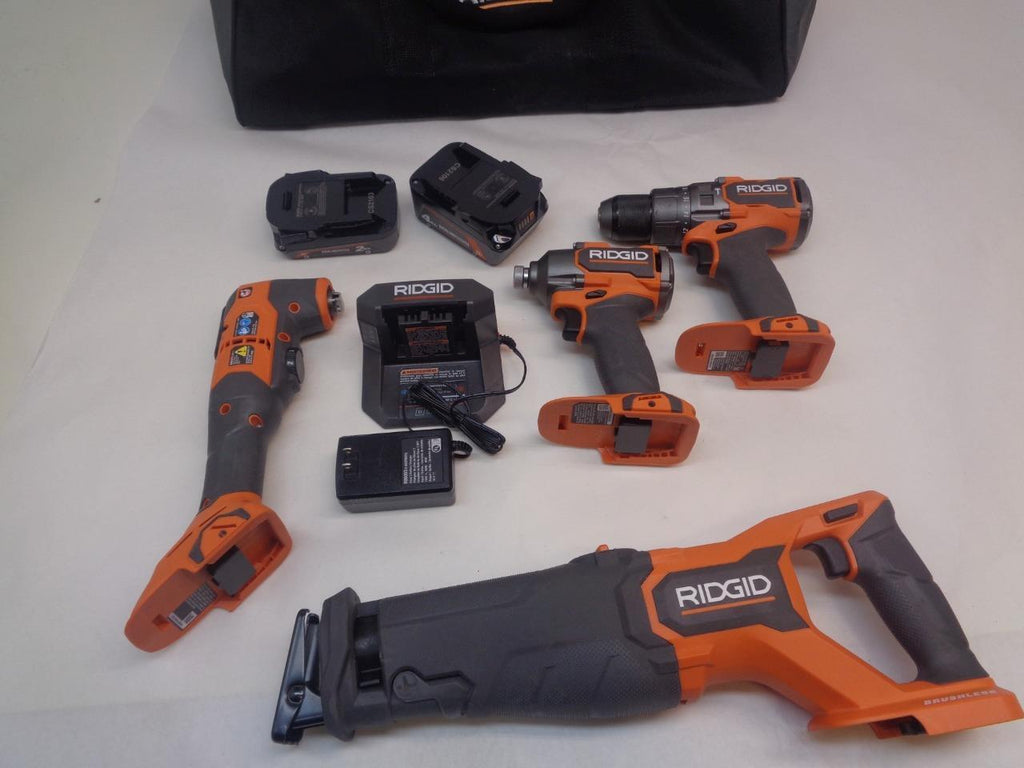 NEW RIDGID R9225 18v BRUSHLESS CORDLESS 4 TOOL KIT 4ah & 2ah BATTERY/CHARGER SR