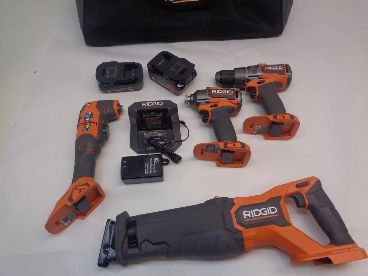 NEW RIDGID R9225 18v BRUSHLESS CORDLESS 4 TOOL KIT 4ah & 2ah BATTERY/CHARGER SR