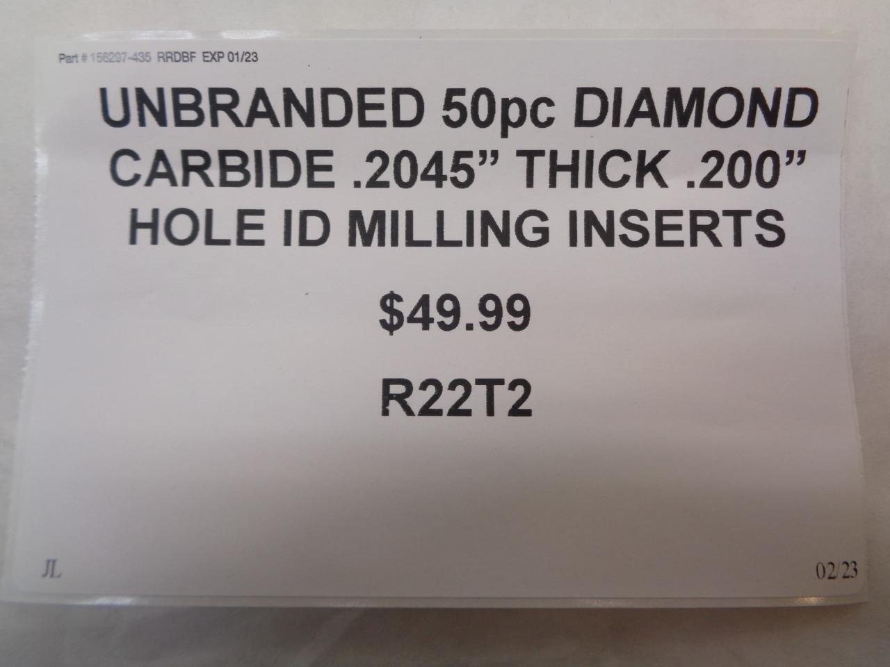 UNBRANDED 50pc DIAMOND CARBIDE .2045" THICK .200" HOLE ID MILLING INSERTS R22T2