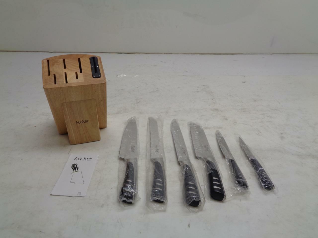 NEW AUSKER 6 PIECE STAINLESS STEEL KNIFE SET WITH BLOCK SR