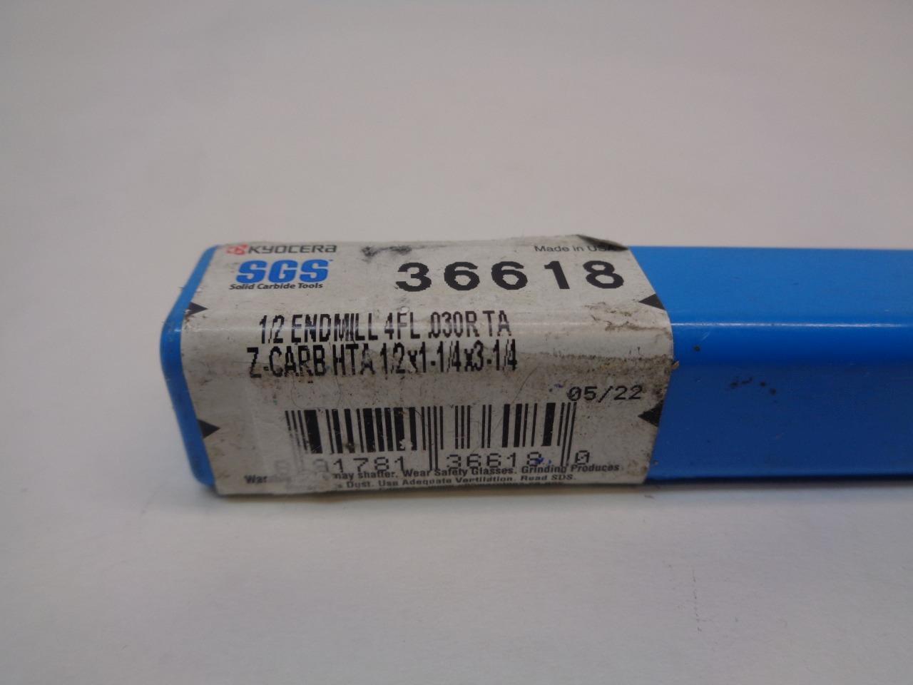 KYOCERA SGS TOOLS 36618 1/2x1-1/4x3-1/4 CARBIDE 4 FLUTE END MILL R22T8