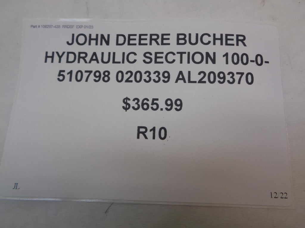 JOHN DEERE BUCHER HYDRAULIC SECTION 100-0-510798 020339 AL209370 R10