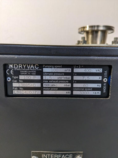 LEYBOLD DRYVAC VACCUM PUMP 100P 400VAC 7.5A 60HZ 4KW 3000RPM 13885 B2
