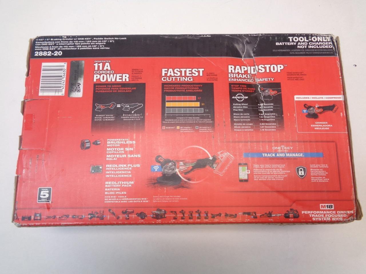 MILWAUKEE M18 BRUSHLESS CORDLESS 4-1/2" 5" BRAKING GRINDER 2882-20 (TOOL ONLY)