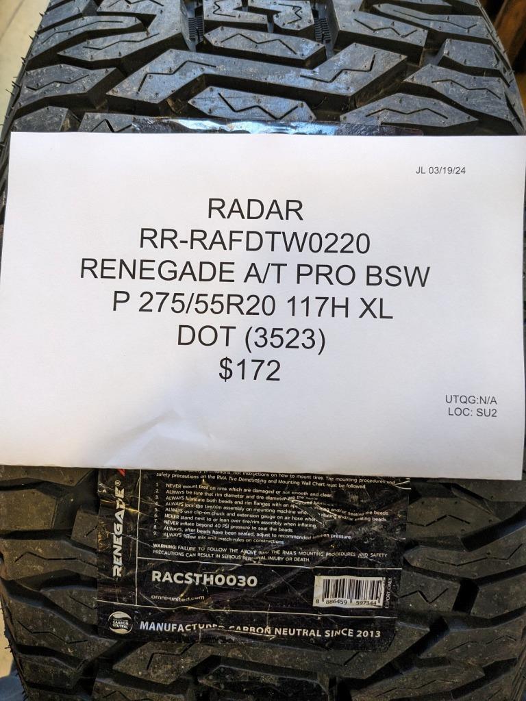 RADAR RENEGADE A/T PRO BSW P 275 55 20 117H XL TIRE RAFDTW0220 CQ2
